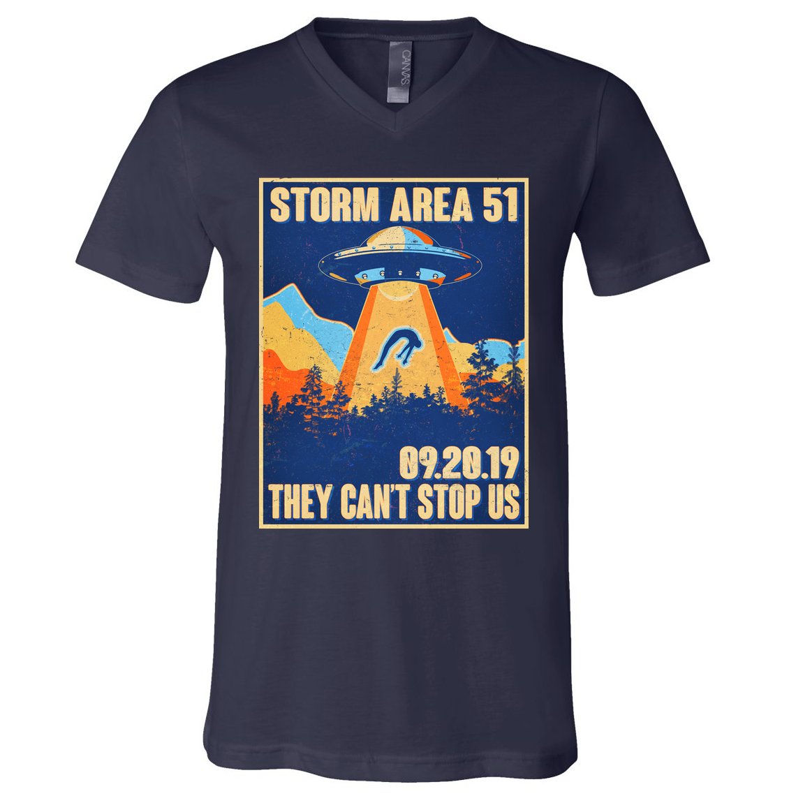 Storm Area 51 Travel Poster They Can't Stop Us V-Neck T-Shirt