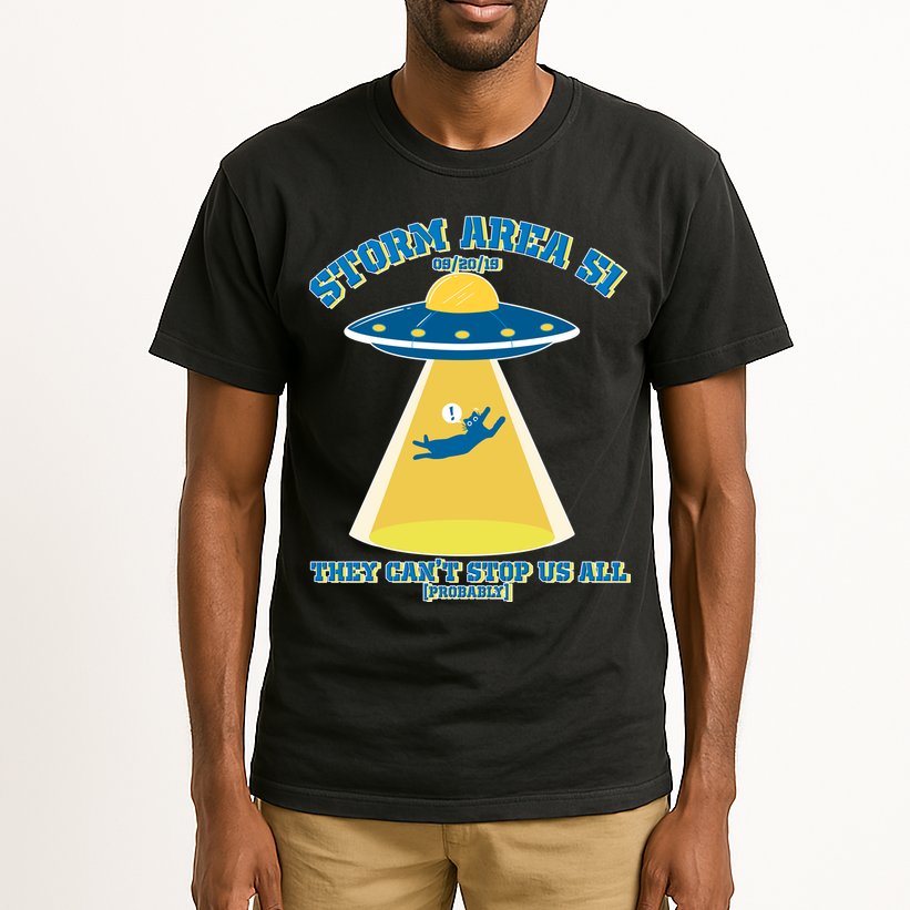 Storm Area 51 UFO Cat They Can't Stop Us All Tall T-Shirt
