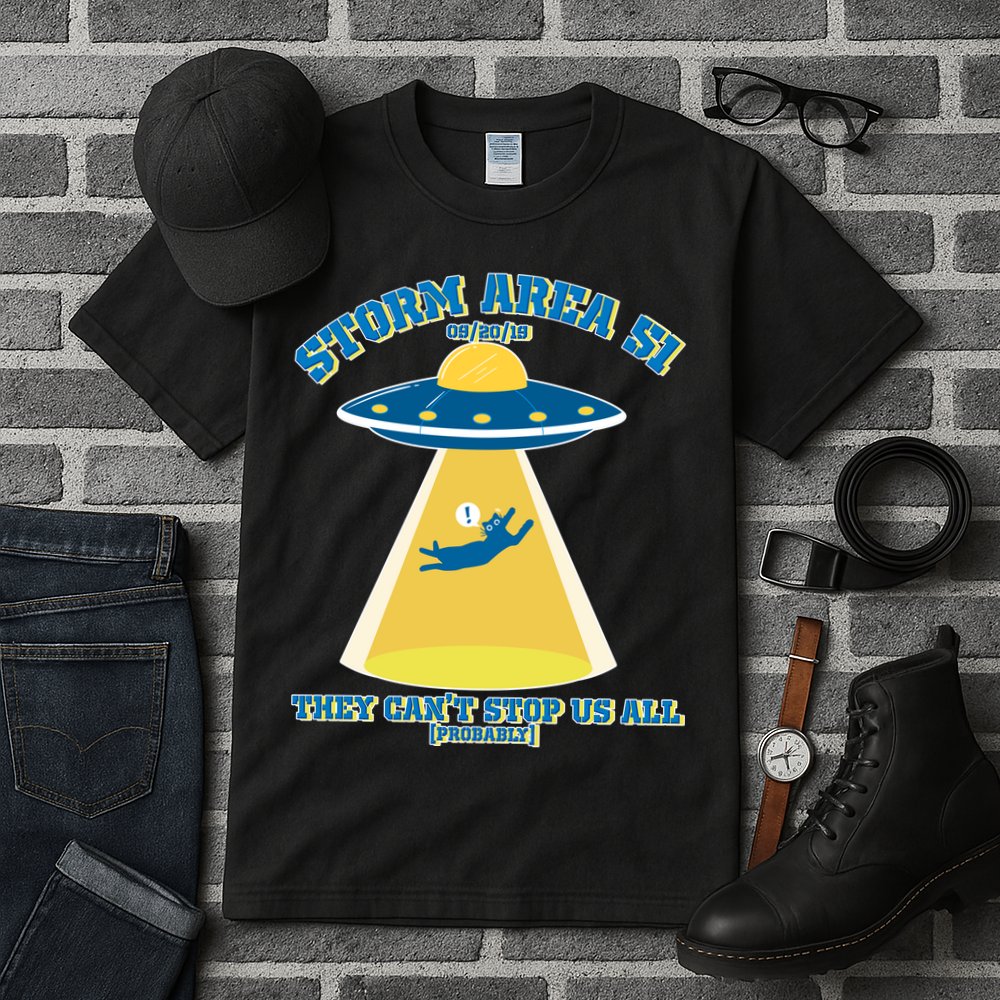 Storm Area 51 UFO Cat They Can't Stop Us All Tall T-Shirt