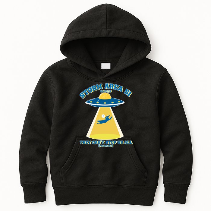 Storm Area 51 UFO Cat They Can't Stop Us All Kids Hoodie