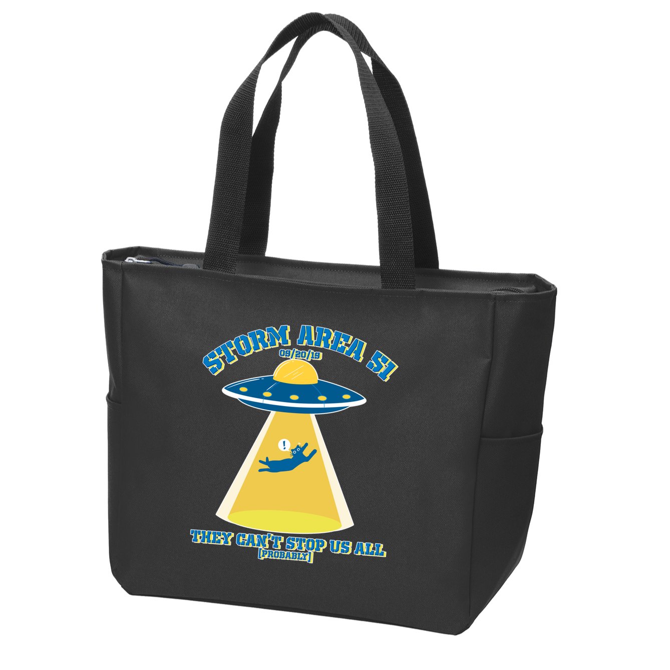 Storm Area 51 UFO Cat They Can't Stop Us All Zip Tote Bag