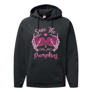 Save The Pumpkin Boobs Skeleton Hand Halloween Breast Cancer Performance Fleece Hoodie