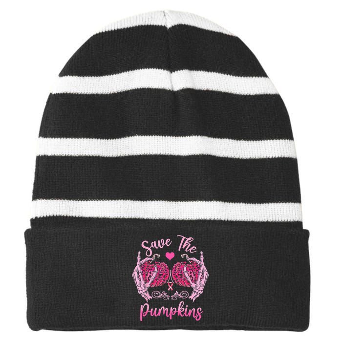 Save The Pumpkin Boobs Skeleton Hand Halloween Breast Cancer Striped Beanie with Solid Band