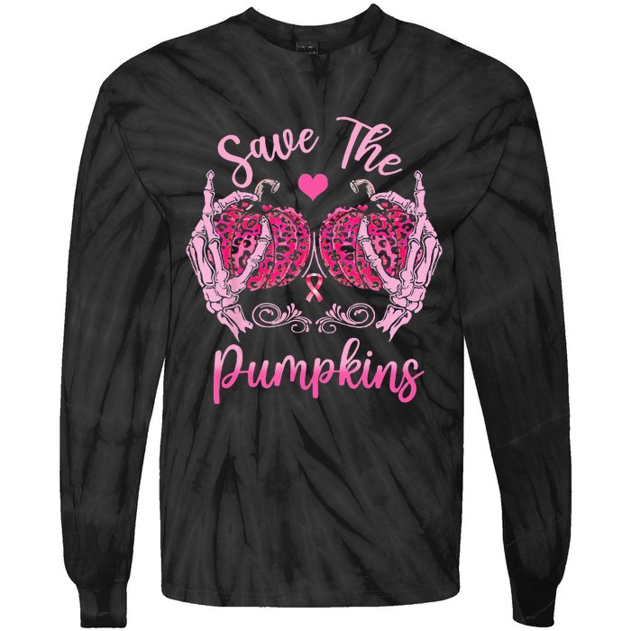 Save The Pumpkin Boobs Skeleton Hand Halloween Breast Cancer Tie-Dye Long Sleeve Shirt