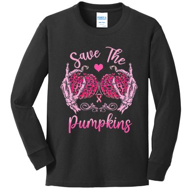 Save The Pumpkin Boobs Skeleton Hand Halloween Breast Cancer Kids Long Sleeve Shirt