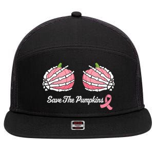 Save The Pumpkins Boob Pink Ribbon Breast Cancer Awareness Gift 7 Panel Mesh Trucker Snapback Hat