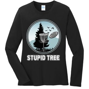 Stupid Tree Pinetree Sunset Funny Disc Frisbee Golf Player Ladies Long Sleeve Shirt