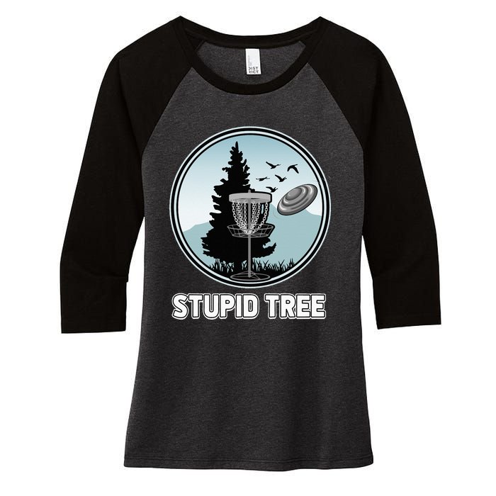 Stupid Tree Pinetree Sunset Funny Disc Frisbee Golf Player Women's Tri-Blend 3/4-Sleeve Raglan Shirt