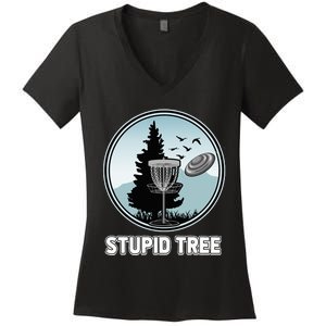 Stupid Tree Pinetree Sunset Funny Disc Frisbee Golf Player Women's V-Neck T-Shirt