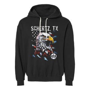 Schertz Texas Patriotic Eagle Usa Flag Garment-Dyed Fleece Hoodie