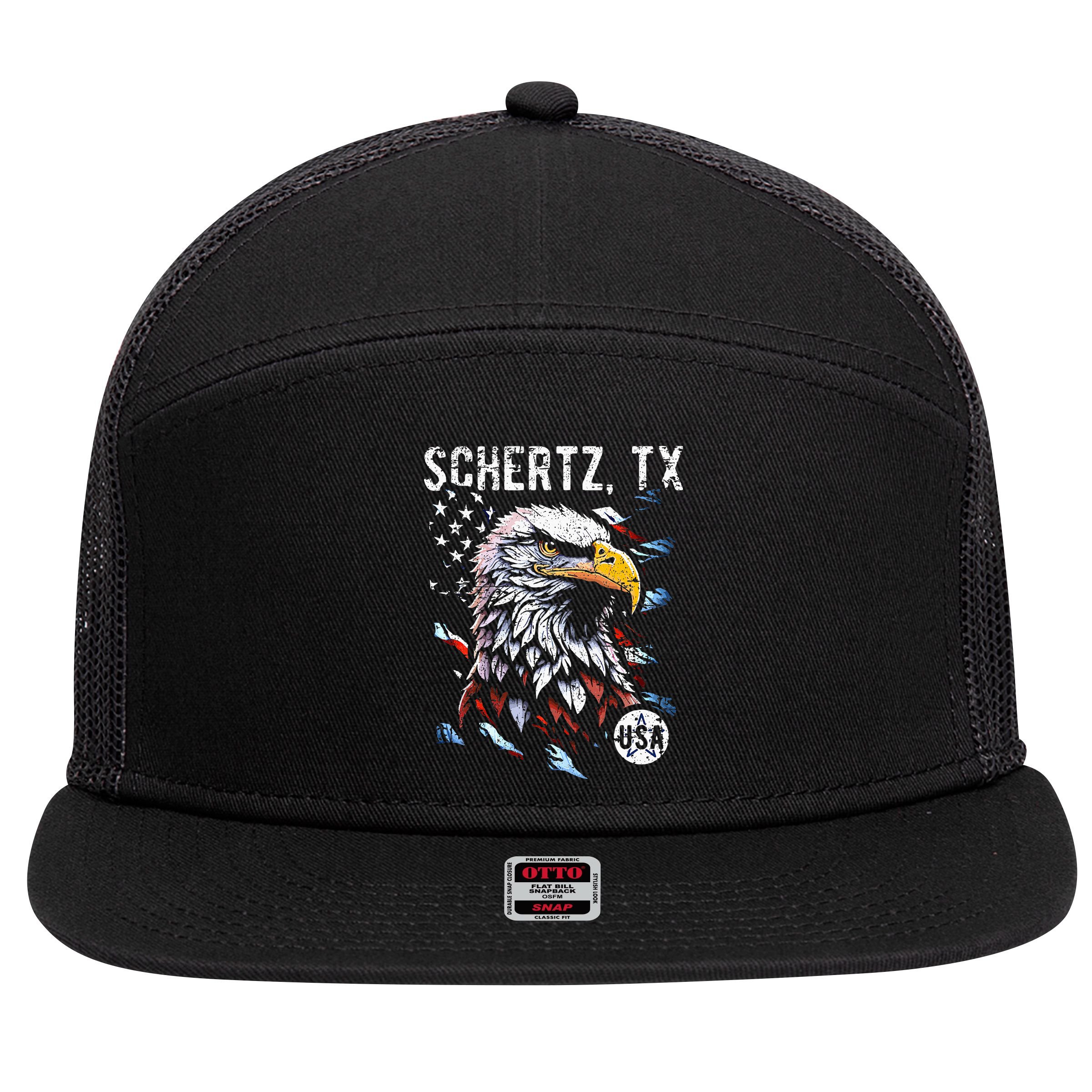Schertz Texas Patriotic Eagle Usa Flag 7 Panel Mesh Trucker Snapback Hat