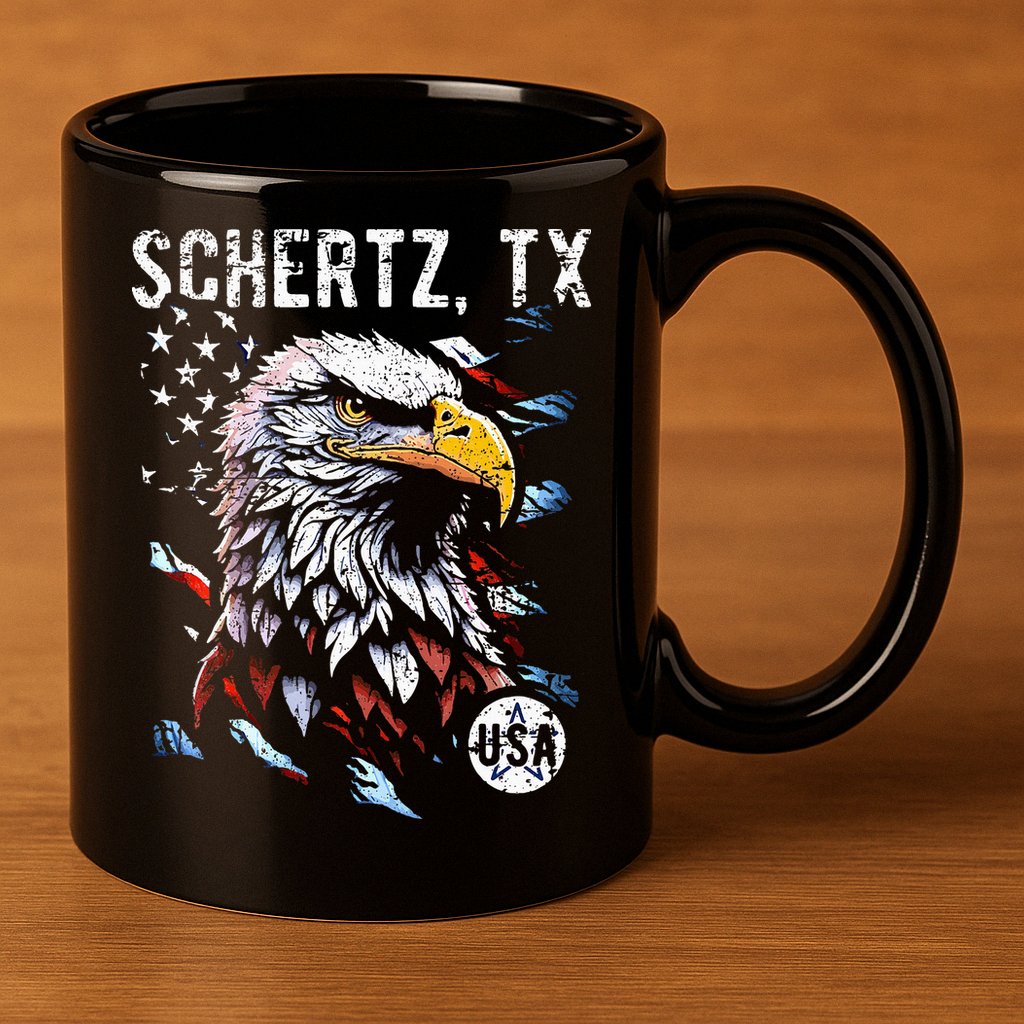 Schertz Texas Patriotic Eagle Usa Flag 11oz C Handle Ceramic Mug