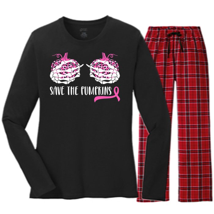 Save The Pumpkins Breast Cancer Awareness Halloween Women's Long Sleeve Flannel Pajama Set 