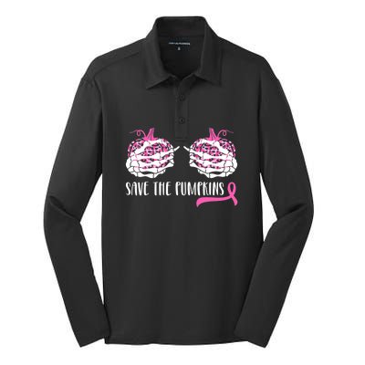 Save The Pumpkins Breast Cancer Awareness Halloween Silk Touch Performance Long Sleeve Polo