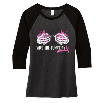 Save The Pumpkins Breast Cancer Awareness Halloween Women's Tri-Blend 3/4-Sleeve Raglan Shirt