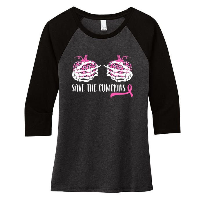 Save The Pumpkins Breast Cancer Awareness Halloween Women's Tri-Blend 3/4-Sleeve Raglan Shirt