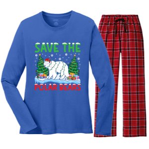 Save The Polar Bears Christmas Tree Santa Hat Snowflakes Gift Women's Long Sleeve Flannel Pajama Set 