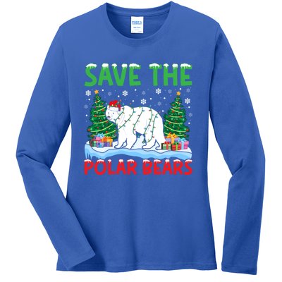 Save The Polar Bears Christmas Tree Santa Hat Snowflakes Gift Ladies Long Sleeve Shirt