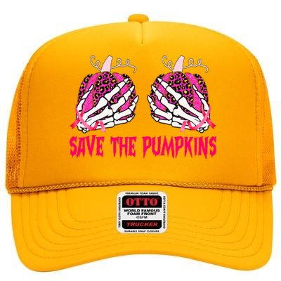 Save The Pumpkins Leopard Skeleton Breast Cancer Awareness High Crown Mesh Back Trucker Hat