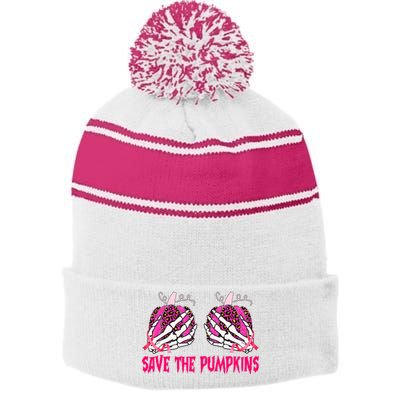 Save The Pumpkins Leopard Skeleton Breast Cancer Awareness Stripe Pom Pom Beanie