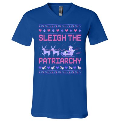 Sleigh The Patriarchy Feminist Feminism Meme Ugly Christmas Gift V-Neck T-Shirt