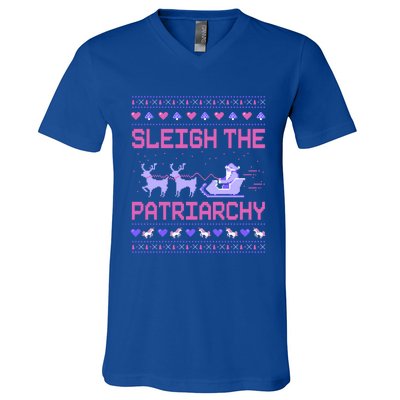 Sleigh The Patriarchy Feminist Feminism Meme Ugly Christmas Gift V-Neck T-Shirt