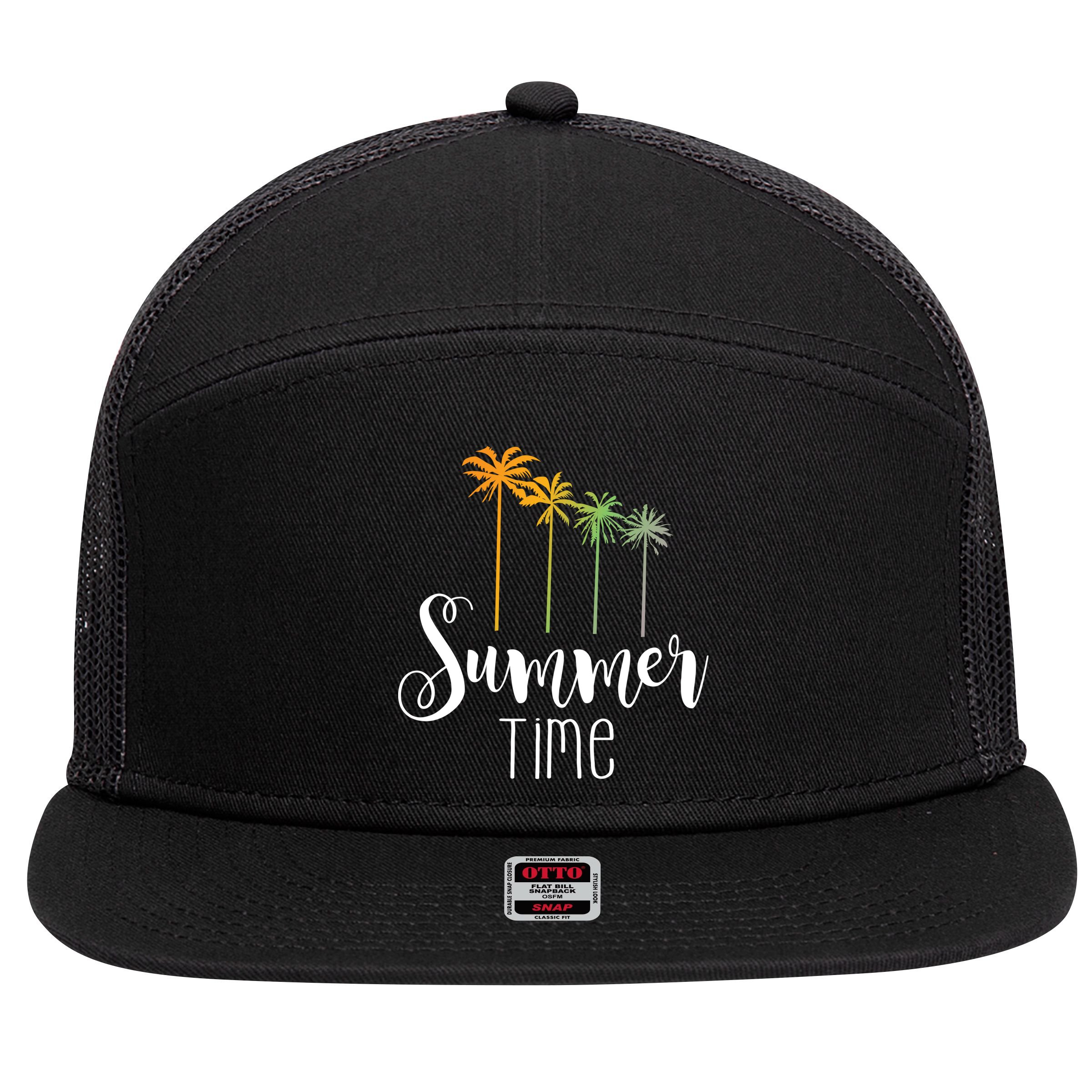 Summer Time Palm Tree 7 Panel Mesh Trucker Snapback Hat