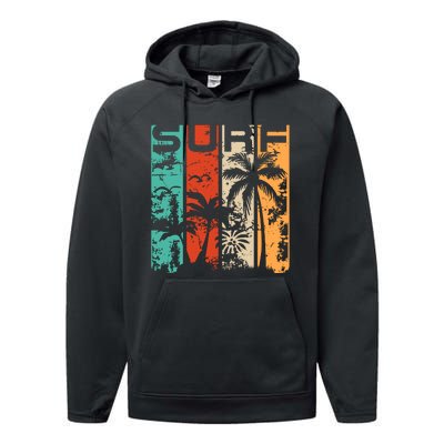 Surf Tropical Palm Tree Retro Vintage Performance Fleece Hoodie