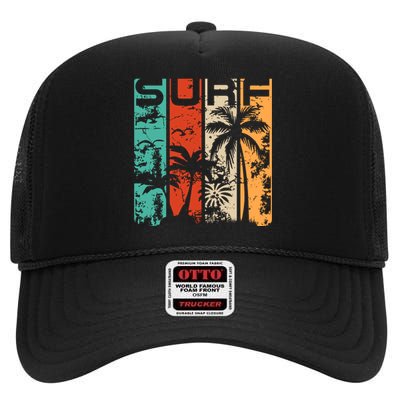 Surf Tropical Palm Tree Retro Vintage High Crown Mesh Back Trucker Hat