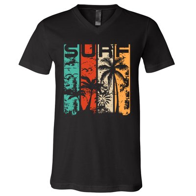 Surf Tropical Palm Tree Retro Vintage V-Neck T-Shirt