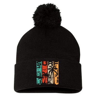 Surf Tropical Palm Tree Retro Vintage Pom Pom 12in Knit Beanie