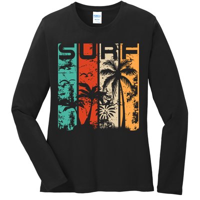 Surf Tropical Palm Tree Retro Vintage Ladies Long Sleeve Shirt