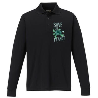 Save The Planet Turtle Earth Climate Change Global Warming Meaningful Gift Performance Long Sleeve Polo