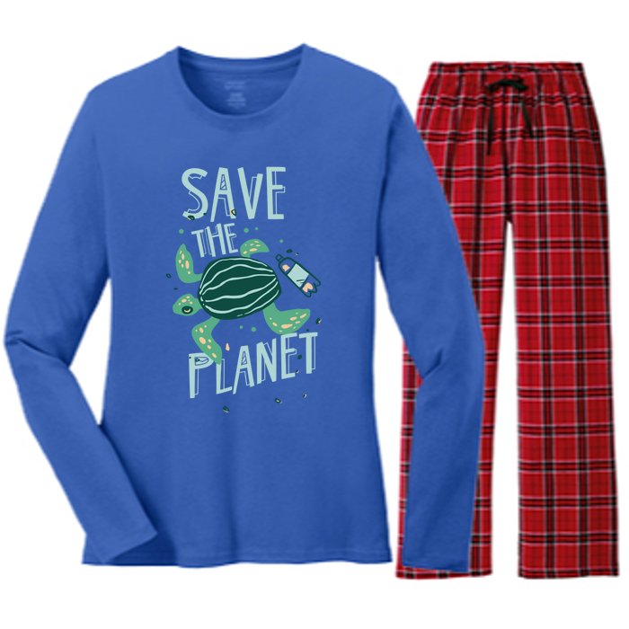 Save The Planet Turtle Earth Climate Change Global Warming Meaningful Gift Women's Long Sleeve Flannel Pajama Set 