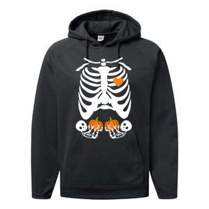 Skeleton Twin Pregnancy Announcement Halloween Pregnant Mom Performance Fleece Hoodie