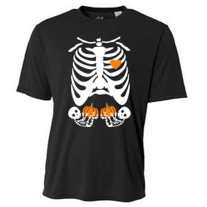 Skeleton Twin Pregnancy Announcement Halloween Pregnant Mom Cooling Performance Crew T-Shirt