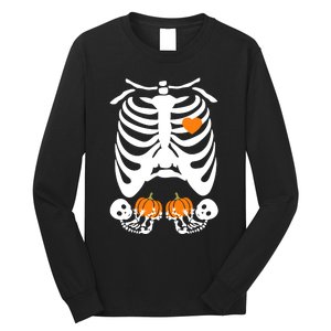 Skeleton Twin Pregnancy Announcement Halloween Pregnant Mom Long Sleeve Shirt