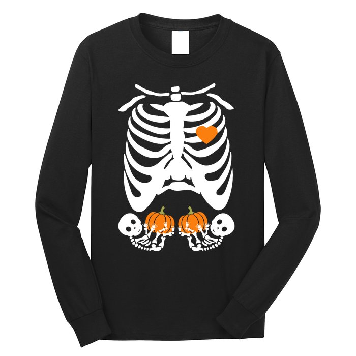 Skeleton Twin Pregnancy Announcement Halloween Pregnant Mom Long Sleeve Shirt