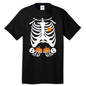 Skeleton Twin Pregnancy Announcement Halloween Pregnant Mom Tall T-Shirt