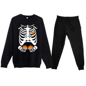 Skeleton Twin Pregnancy Announcement Halloween Pregnant Mom Premium Crewneck Sweatsuit Set