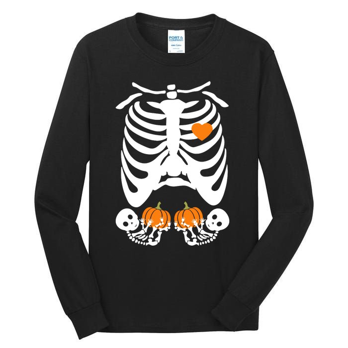 Skeleton Twin Pregnancy Announcement Halloween Pregnant Mom Tall Long Sleeve T-Shirt