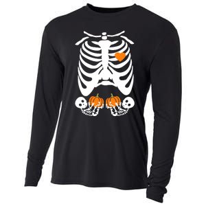 Skeleton Twin Pregnancy Announcement Halloween Pregnant Mom Cooling Performance Long Sleeve Crew