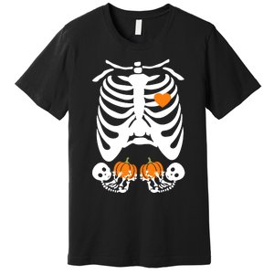 Skeleton Twin Pregnancy Announcement Halloween Pregnant Mom Premium T-Shirt