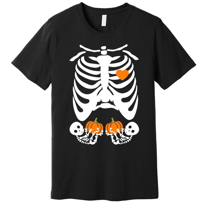 Skeleton Twin Pregnancy Announcement Halloween Pregnant Mom Premium T-Shirt