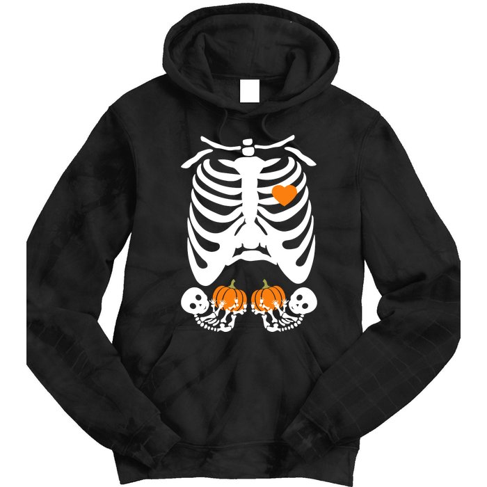 Skeleton Twin Pregnancy Announcement Halloween Pregnant Mom Tie Dye Hoodie