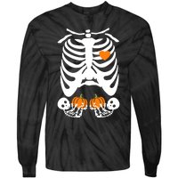 Skeleton Twin Pregnancy Announcement Halloween Pregnant Mom Tie-Dye Long Sleeve Shirt