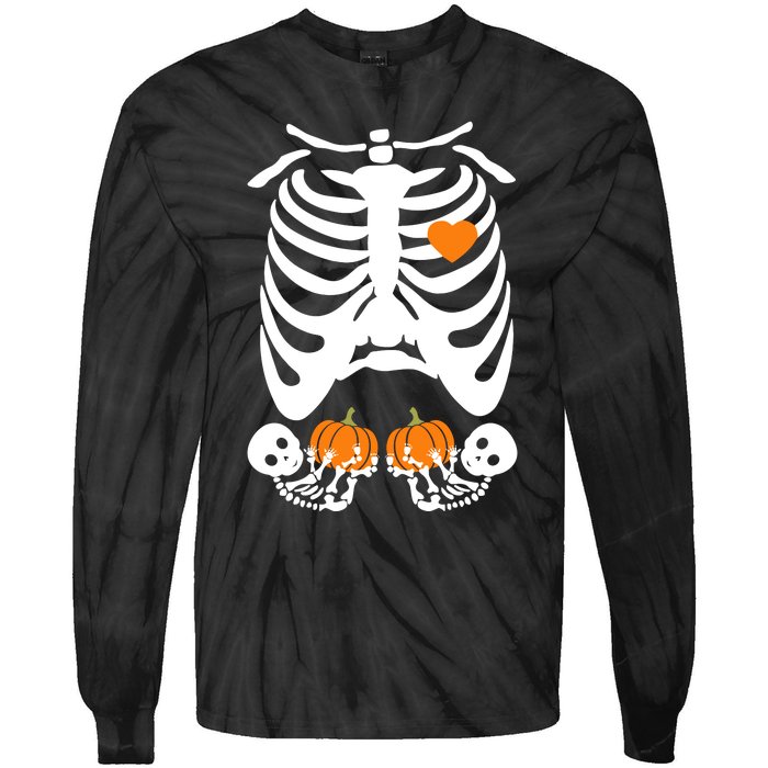 Skeleton Twin Pregnancy Announcement Halloween Pregnant Mom Tie-Dye Long Sleeve Shirt