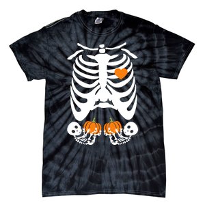 Skeleton Twin Pregnancy Announcement Halloween Pregnant Mom Tie-Dye T-Shirt