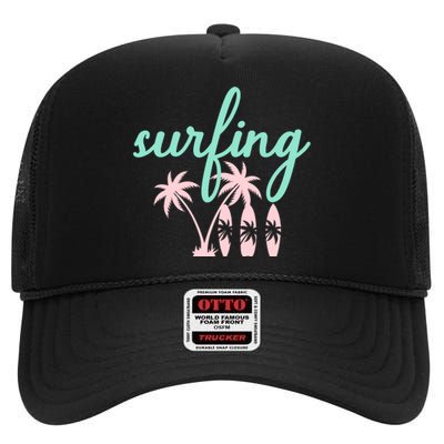 Surfing Turquoise Pink Palm Trees Surfboards High Crown Mesh Back Trucker Hat