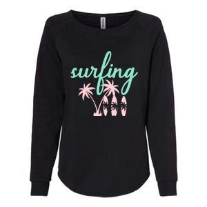 Surfing Turquoise Pink Palm Trees Surfboards Womens California Wash Sweatshirt